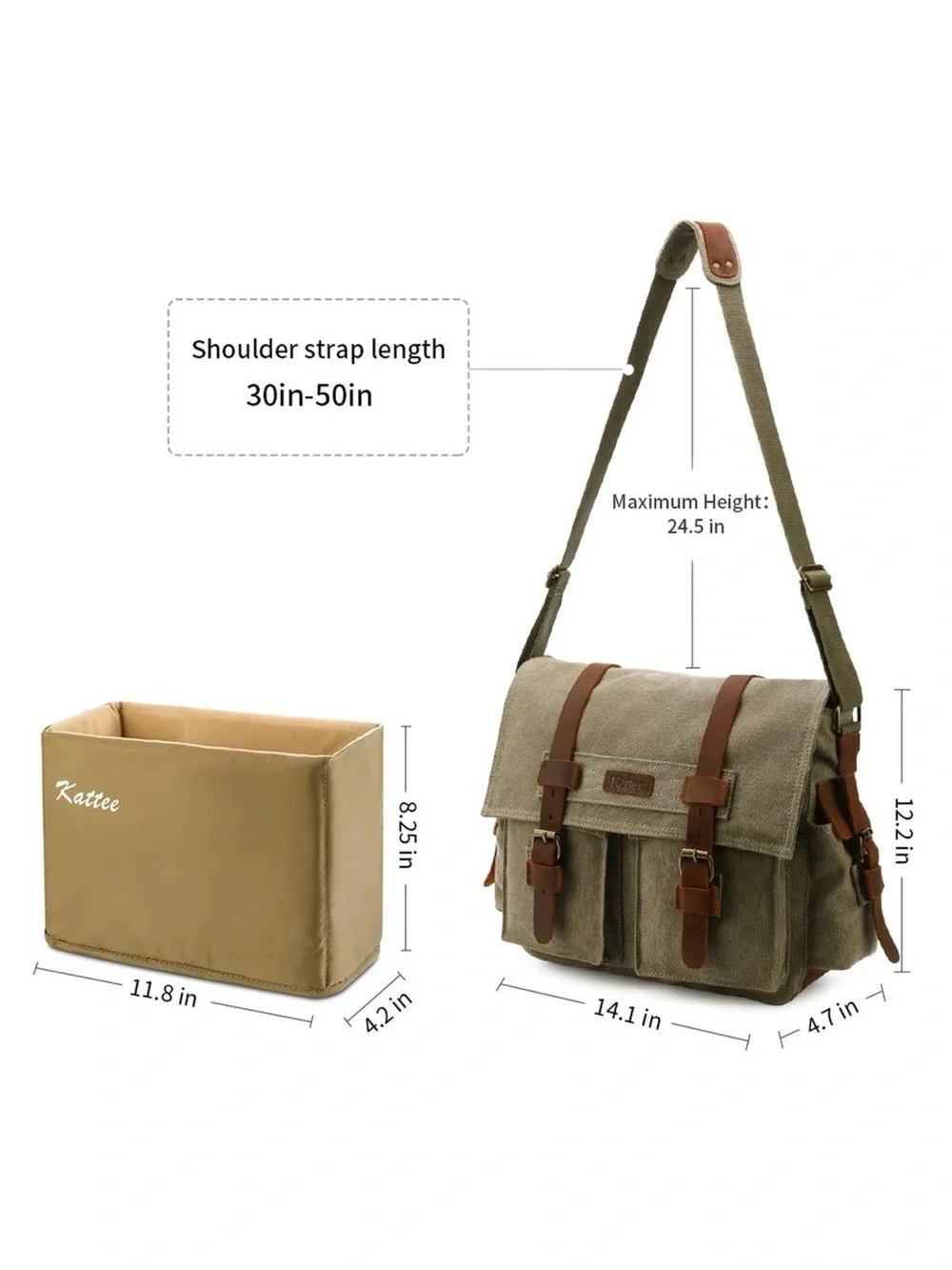 Kattee camera Canvas Messenger Bag dark dusty gray Brown Leather Trim